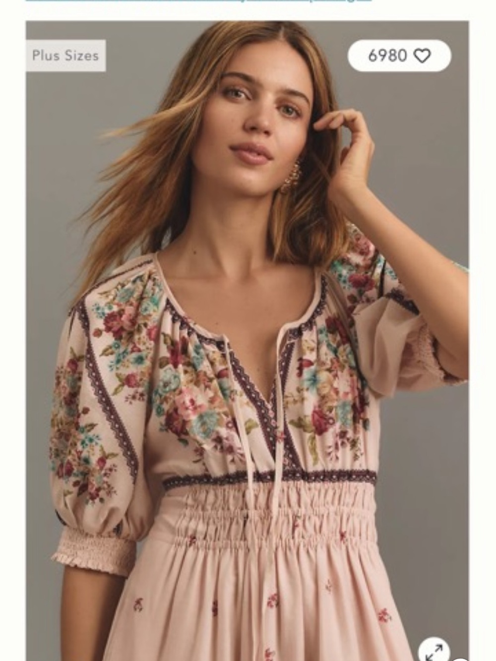 Anthropologie Blush Pink Floral Peasant Tunic